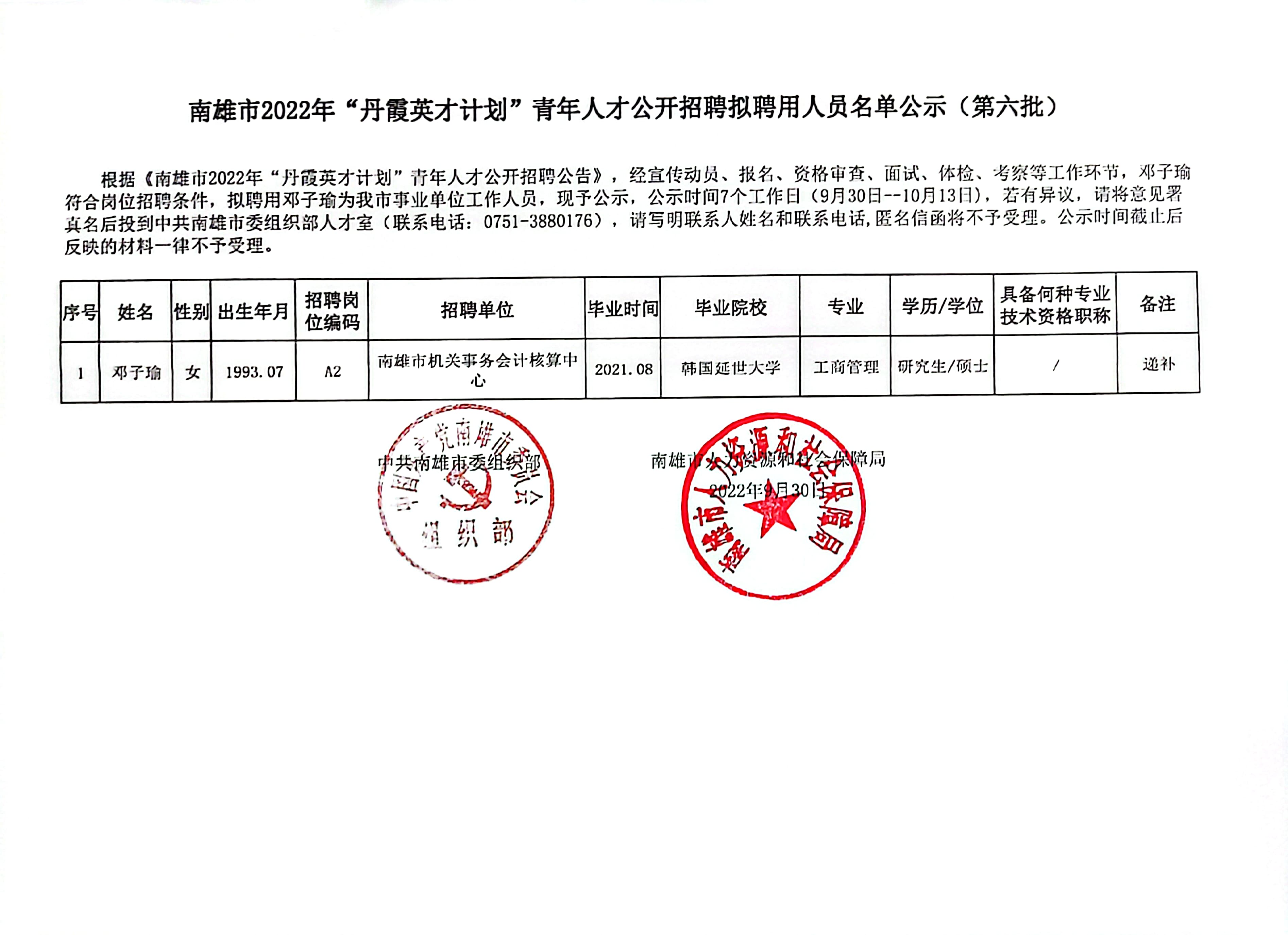 南雄市2022年“丹霞英才计划”青年人才公开招聘拟聘用人员名单公示（第六批）.jpg